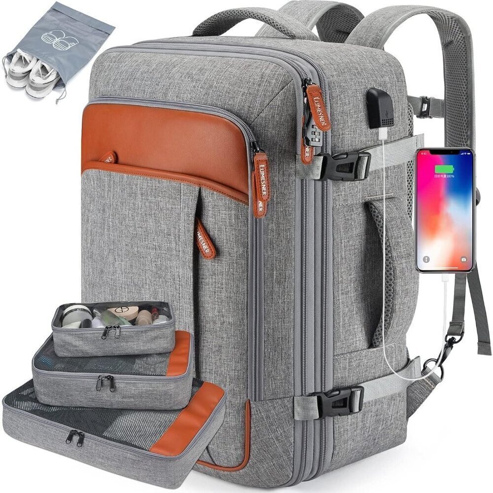 🆕Men Women Grey Polyester 40L Carry On Backpack Flight Approved With 3 Packing